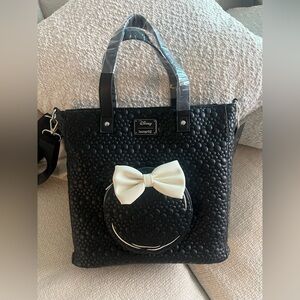 Loungefly Disney Black Textured Bag with Cream Minnie Bow